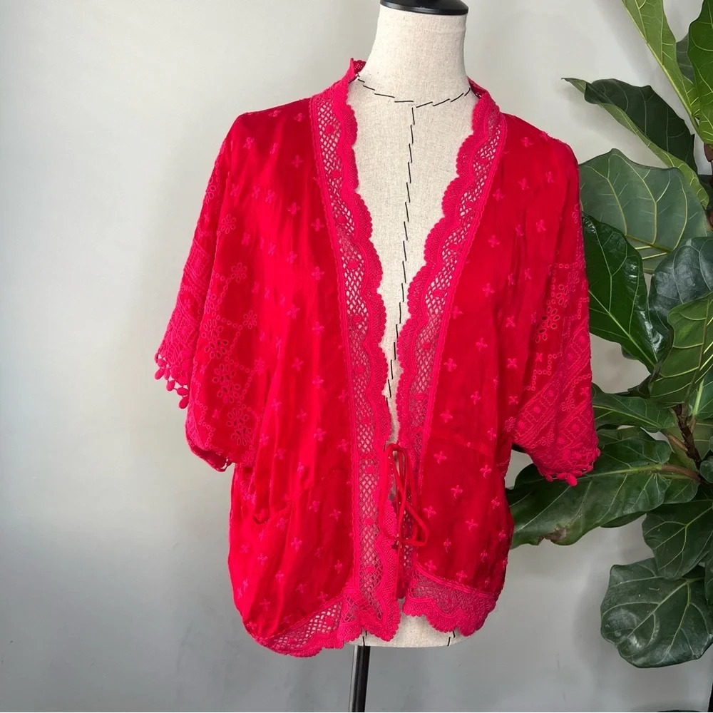 Johnny Was Red embroidered sheer blouse sz M boho flowy cover